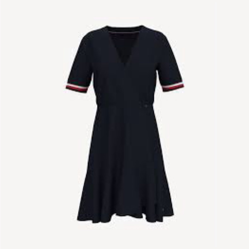 Tommy Hilfiger Button Navy Blue Red Pinstripe Short Sleeve Ruffle Pleated Dress